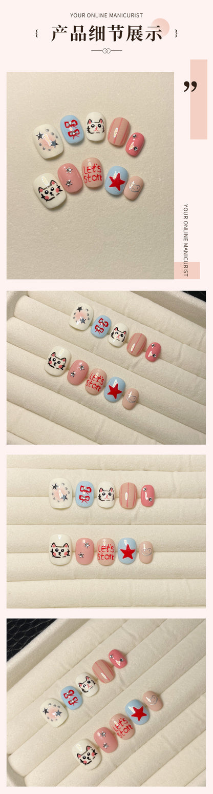 Handmade Wear Nail Cute Hand Painted Hello Kitty Short round Bean Nail Girl Cartoon Hand Painted kitty Nail stickers