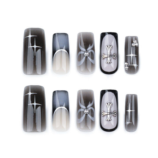 Best Seller in Europe and America Square Wear Nail French Black Blooming Nail Cross Nail Tip Asterism Bow Fake Nails