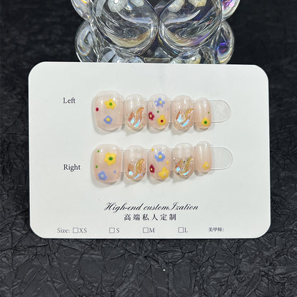 Summer Fresh Hand-Painted Small Flower Aurora Light Diamond Short Nail Stickers Fake Nails Handmade Pure Wear Nail Wholesale