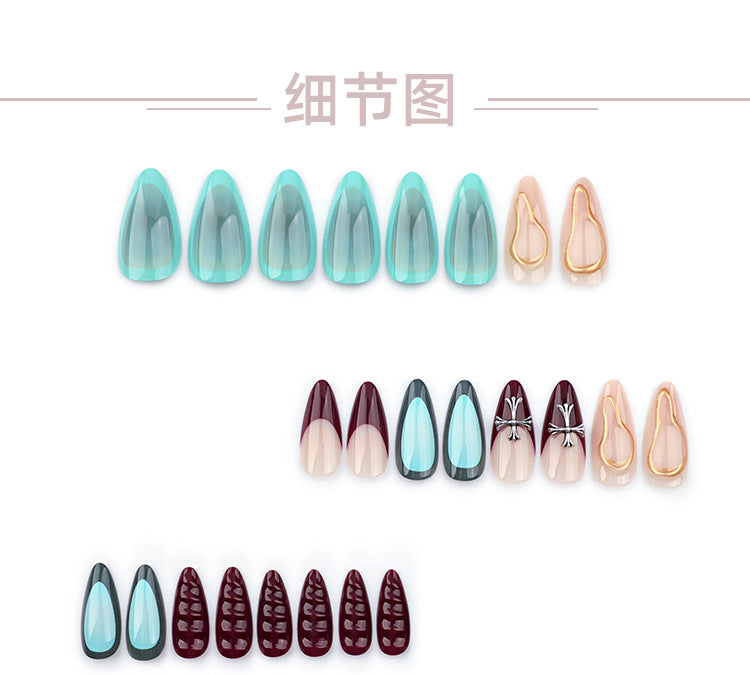 High Sense Autumn and Winter New Wear Armor French Cross Manicure Fake Nails Short Almond Wearable Nail Tip