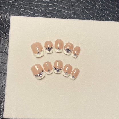 Handmade Wear Armor Short French Love Diamond Pure Want to Show White Light Luxury Flash Wear Nail Phototherapy Nail Stickers