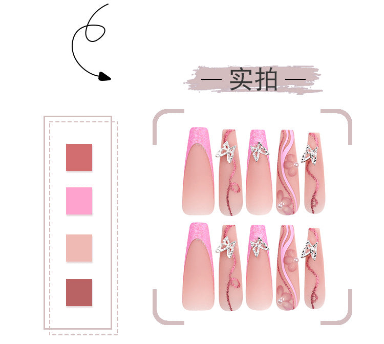 3D Three-Dimensional European and American Style Wear Armor Silver Butterfly Glitter Fake Nails Pink Flower Pearl Nail Beauty Nail Tip Finished Product