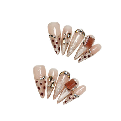 Handmade Manicure Wear Cat Eye French Leopard Print Long Nail Patch Advanced White Gold Foil Fake Nails Wholesale