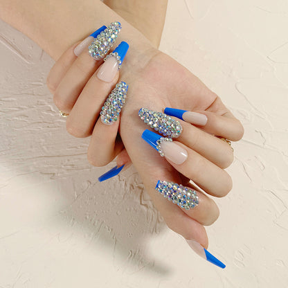 Blue French Full Diamond presson nail Wear Finished Nail Beauty Fake Nails Detachable Nail Stickers Exclusive for Cross-Border