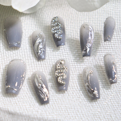 Textured Gray Gradient Wear Nail European and American Ice Snake Advanced Metal Hand Painted Sweet Affordable Luxury Style Handmade Manicure