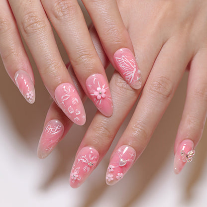 Sweet Pink Bow Flower Wear Nail Piece3D Love Nail Art Almond Type Fake Nails Nail Patch