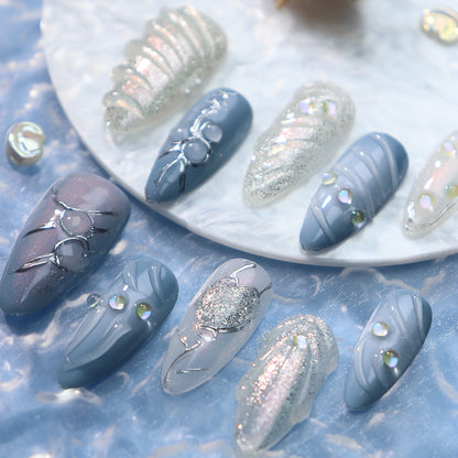 New Nail Beauty Patch Wear Armor Advanced Blue White Ocean Series Popular Three-Dimensional Shell Detachable UV Nail