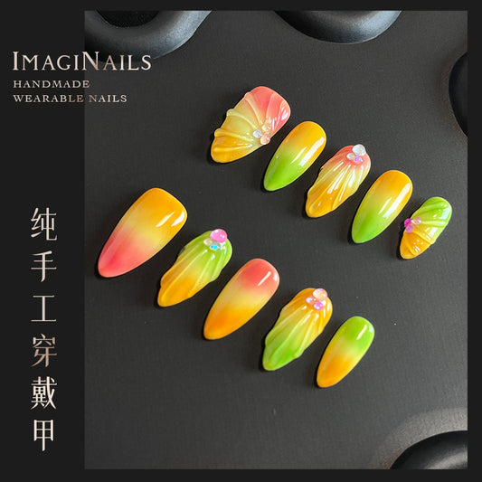 Hot Selling in Europe and America3D Three-Dimensional Carved Almond Nail Pure Hand-Worn Nail Piece