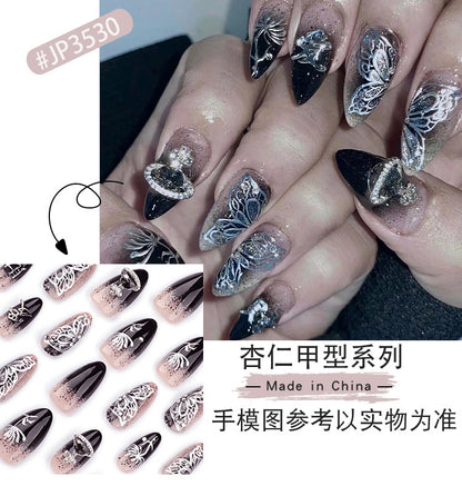 Hot Girl French Manicure Fake Nails Butterfly Wearable Nail Tip Almond Wearing Nail Rhinestone Planet Ring Nail Patch