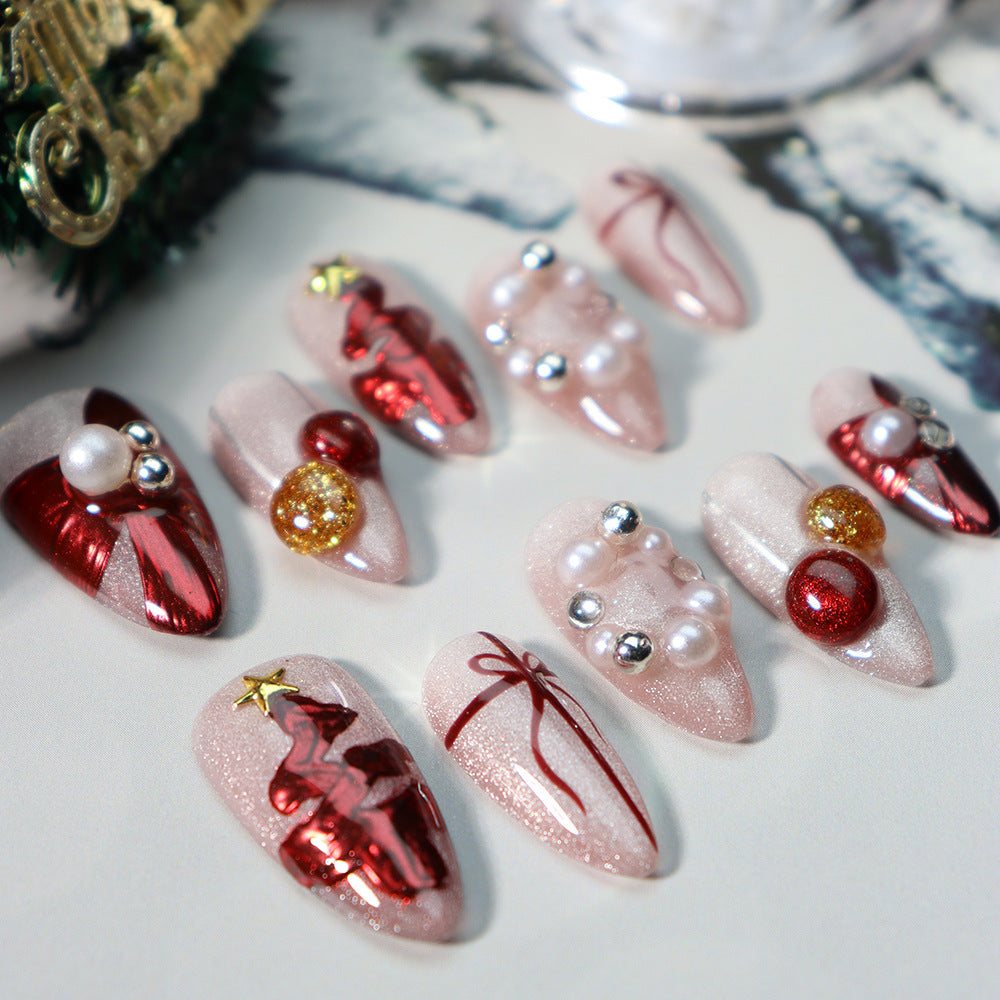 New Nail Beauty Wear Nail Hand-Painted Christmas Style Pearl Festive Cute White Fake Nails Handmade Detachable