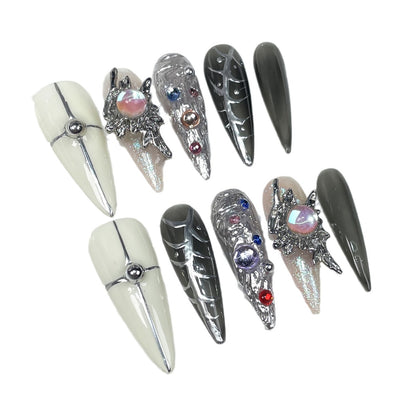 European and American Hot Girl Long Tip Nail Stickers Hand-Painted Metal Shape Hand-Worn Nail Wearable Nail Sticker Wholesale