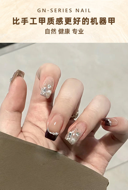 30Simple French Style Black Nail Tips Glitter Gradient Rhinestone Flash Wear Nail Pearl Fake Nails