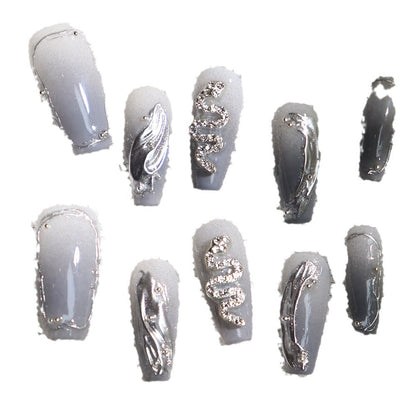 Textured Gray Gradient Wear Nail European and American Ice Snake Advanced Metal Hand Painted Sweet Affordable Luxury Style Handmade Manicure