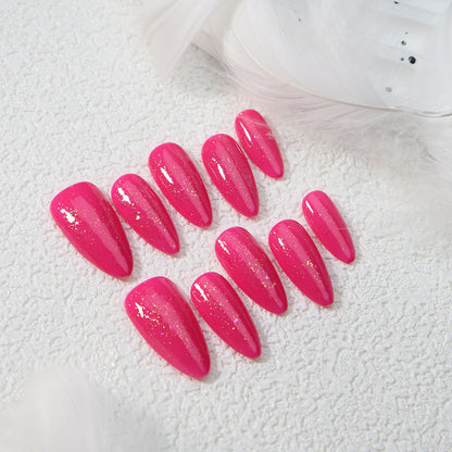 New Simple Sweet Cool Rose Pink Thin and Glittering Almond Hand-Worn Nail Pure Color Ribbon Sequins Fake Nail Tip Pitaya Color