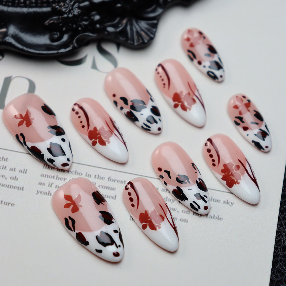 Hot Selling Wear Armor ins Retro National Style Hand-Painted Red and Black Flowers Nail Sticker French Elegant UV Nail Beauty Patch