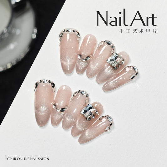 Handmade Wear Armor High-Grade Summer ins Wind Cat Eye Flashing Ice Transparent Almond Nail Hand Made Armor Fake Nails