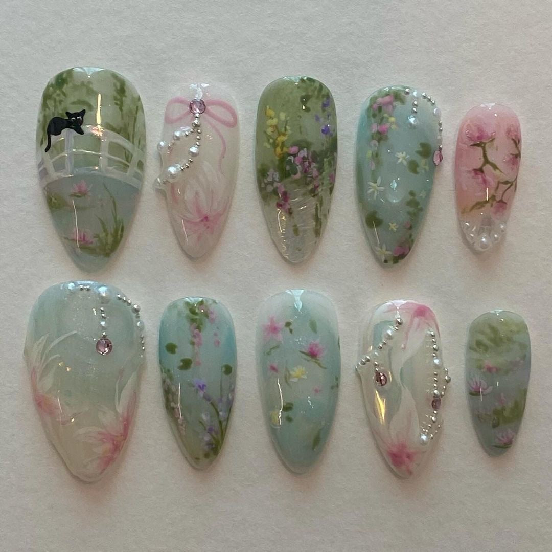 24Spring and Summer New Almond Nail Fake Nails Pastoral Style Fresh Flower Wear Nail Polish Piece Wholesale