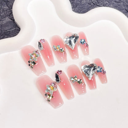 Crooked Heart Pile Rhinestone Hand-Worn Nail Spray Gun Blush Gradient Mid-Length Nail Stickers Wearable Nail Sticker