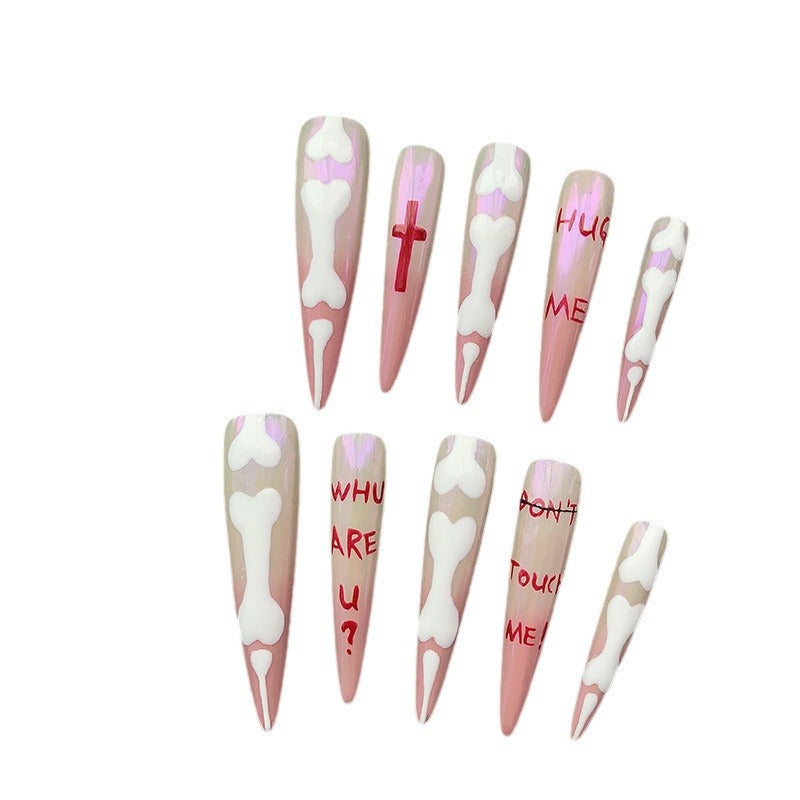 Cute Pink White Cross Text Pattern Handmade Nail Tip Nail Art Nail Shaped Piece