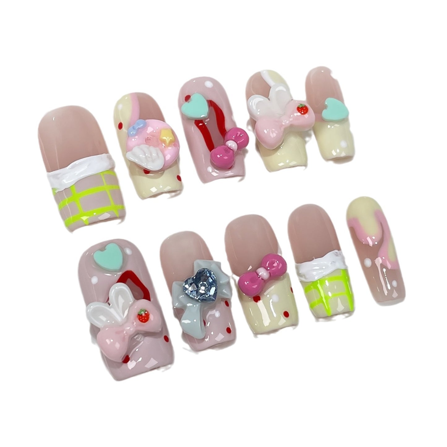 Sweet and Cute Hand-Worn Armor Medium and Rectangular Pure Want Ice Transparent Hand-Painted Nail Stickers Wearable Fake Nails Wholesale