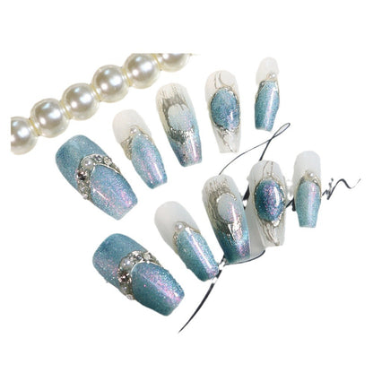 Handmade Wear Armor Summer Blue Island Pearl Holiday Nail Beauty UV Finished Product Thin and Glittering Texture Nail Stickers