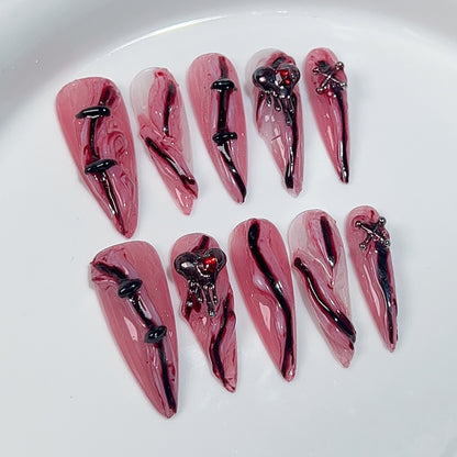 【Dyed Nail】Handmade Wear Nail European and American Halloween Niche Knife Cut Broken Atmosphere Personalized Creative Manicure