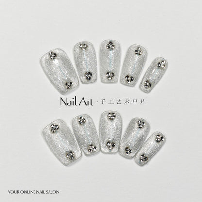 Autumn Art Handmade Wear Armor High Sense Autumn Cat Eye Silver Short White Nail Stickers Handmade Fake Nail Tip