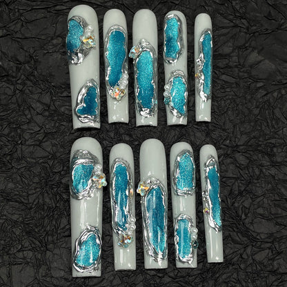 European and American Super Long Water Pipe Nail Art Irregular Shape Blue Cat Eye Handmade Wear Nail Advanced Light Luxury Nail Stickers