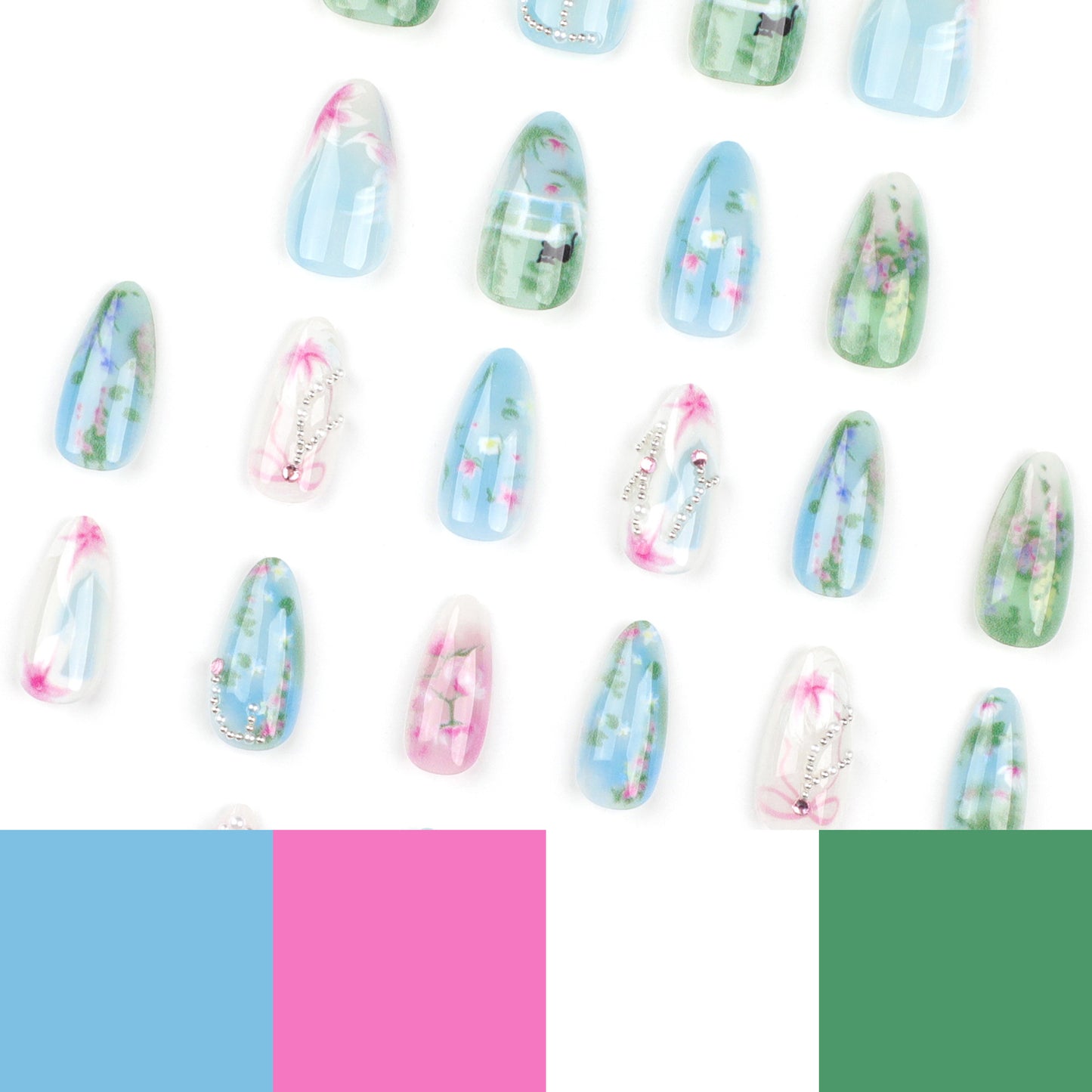 24Spring and Summer New Almond Nail Fake Nails Pastoral Style Fresh Flower Wear Nail Polish Piece Wholesale