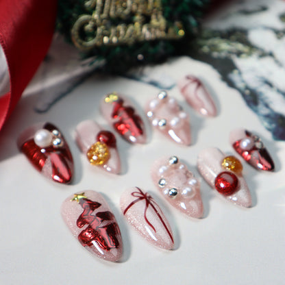 New Nail Beauty Wear Nail Hand-Painted Christmas Style Pearl Festive Cute White Fake Nails Handmade Detachable