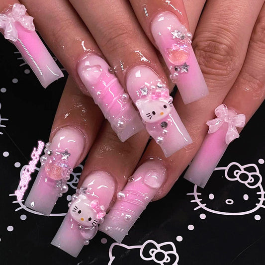 Cute Hello Kitty Nail Polish Three-Dimensional Water Ripple Nail Beauty Nail Stickers Bow Wearable Nail Tip