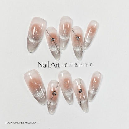 Handmade Wear Armor Summer Ice-Permeable French Blush Blooming Gradient High-Grade Almond Nail Stickers Fake Nails