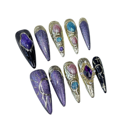 European and American Long Tip Nail Stickers Light Luxury Heavy Industry Irregular Cat Eye Handmade Wear Nail Wholesale Wearable Nail Sticker