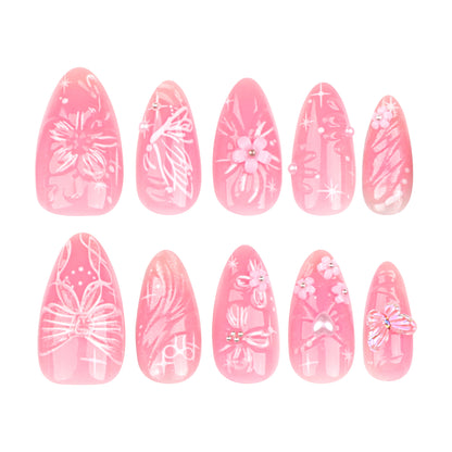 Sweet Pink Bow Flower Wear Nail Piece3D Love Nail Art Almond Type Fake Nails Nail Patch