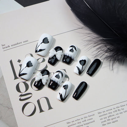 Factory Wear Armor Handmade Advanced Handmade Black and White Flower Pearl Bow Nail Stickers One Piece Dropshipping