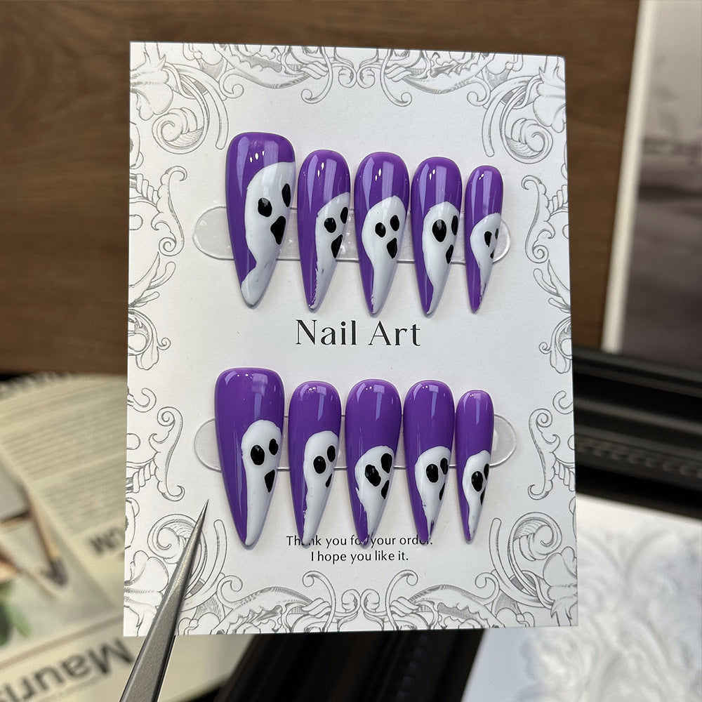 Europe and America Cross Border New Handmade Wear Nail Cute Halloween Funny Grimace Ghost Manicure Fake Nail Patch