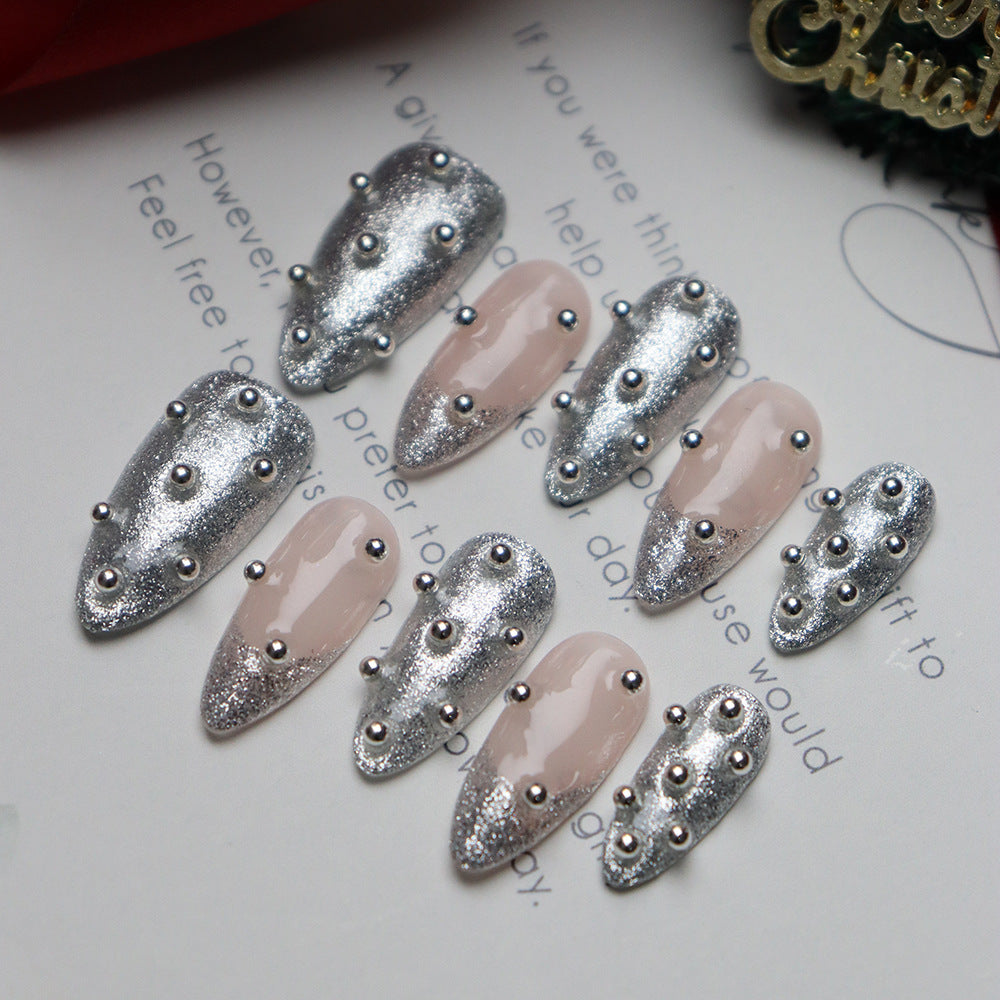 New Nail Beauty Patch Wearing Nail Advanced Autumn and Winter Christmas New Year Atmosphere Flash French Small Steel Ball Fake Nail Stickers