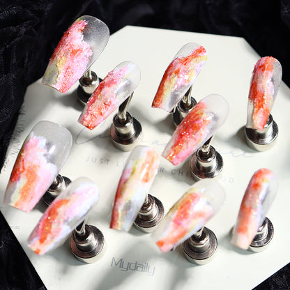 Peach Iced Tea Three-Dimensional Plaster Painted Wear Nail Sweet Thin and Glittering Spring New Handmade Wear Nail Patch