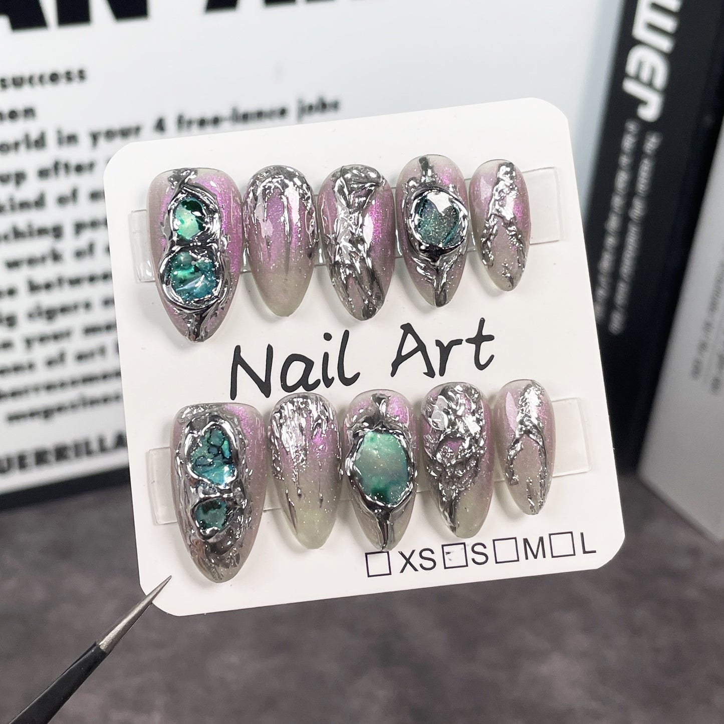 Handmade Wear Armor Baroque Aurora Transparent Black Three-Dimensional Metal Shape Almond Nail Wearable Nail Sticker Wholesale