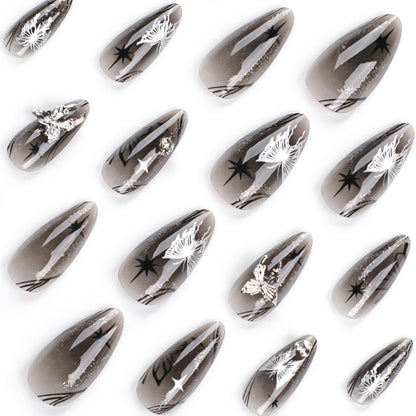 Ice Reflected with Silver Bow Wear Nail Black Cool Spicy Asterism Rhinestone Nail Beauty Long Almond Nail Fake Nails Nail Tip