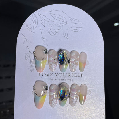 【Rainbow Dreamland】High-End Affordable Luxury Manicure Medium Oval French Hand-Wear Armor Popular Pure Desire Dopamine Style