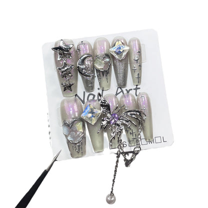 Handmade Wear Nail Aurora Shell Heavy Industry Long Nail Butterfly Pendant European and American Style Wear Nail Sticker Wholesale