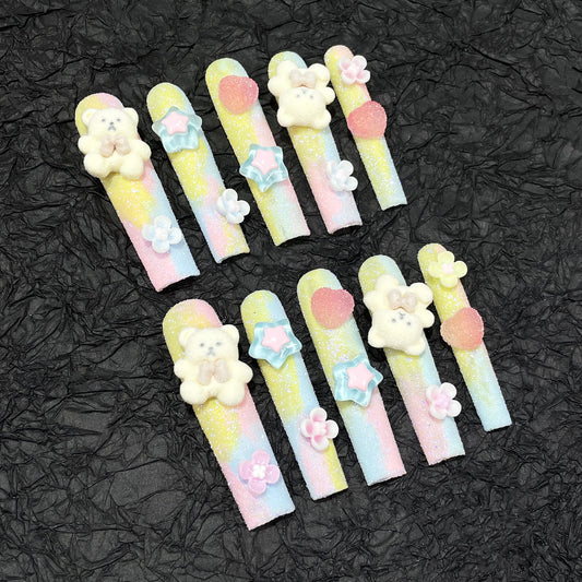 European and American Style Super Long Water Pipe Nail Macaron Flocking Bear Cute Handmade Wear Nail Wholesale Wearable Nail Sticker