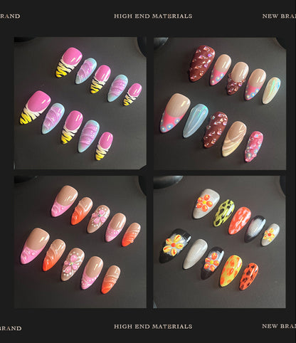 Hot Selling in Europe and America~3D Three-Dimensional Carved Almond Nail Pure Hand-Worn Nail Piece