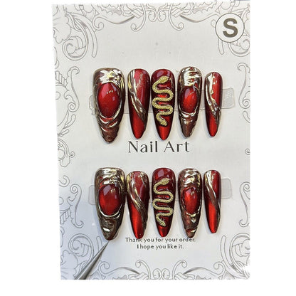 European and American Long Almond Hand-Wear Nail Red Cat's Eye Metal Feeling Cloth Cut-up Manicure Detachable Nail Patch