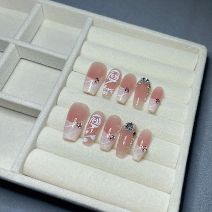 Rose Manor Hand-Worn Nail French Hand-Painted Rose Temperament Pure Desire Nail Stickers Affordable Luxury Style Wear Nail Middle Ladder