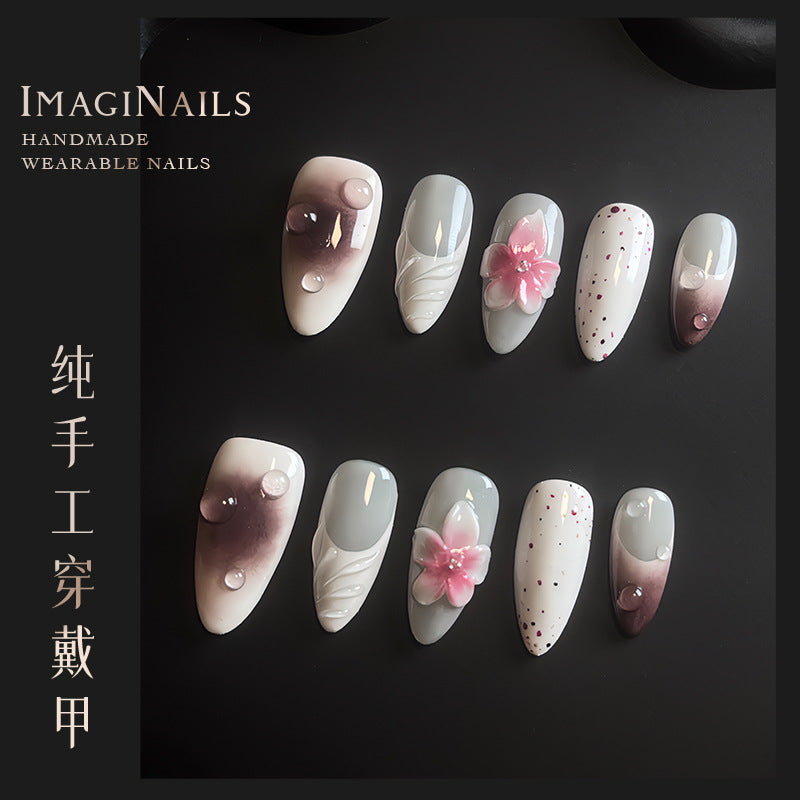 Hot Selling in Europe and America3D Three-Dimensional Carved Almond Nail Pure Hand-Worn Nail Piece