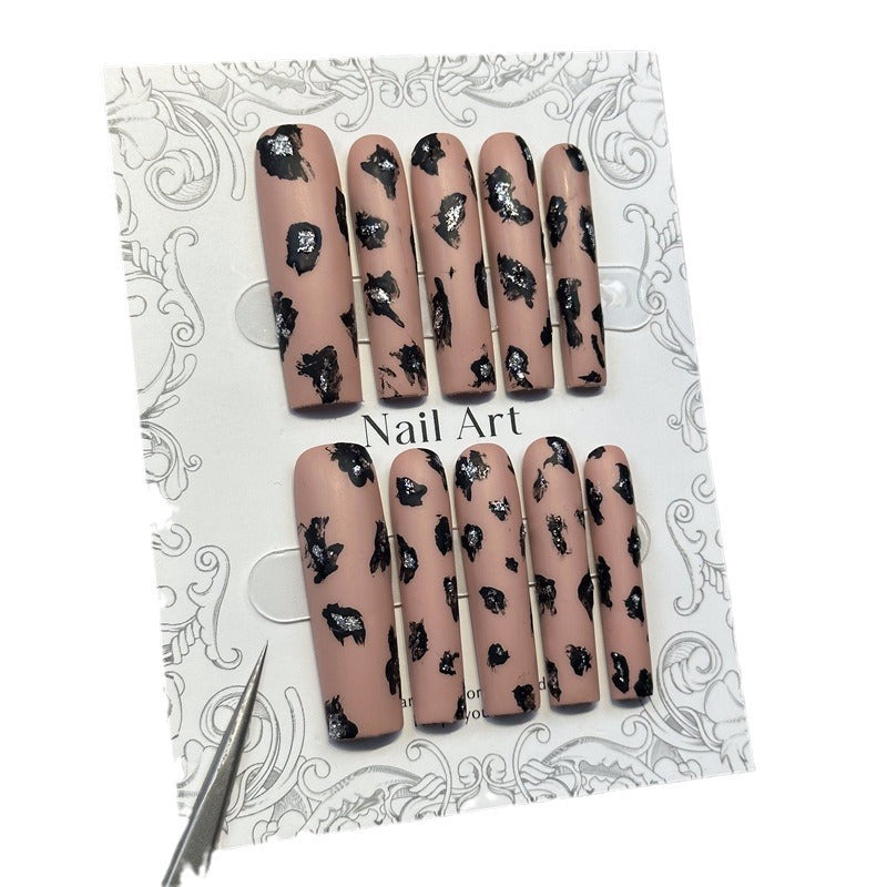 Cross-Border Leopard Print European and American Hot Girl Wind Long Water Pipe Nail Pure Handmade Wear Nail Detachable Fake Nails TK Nail stickers