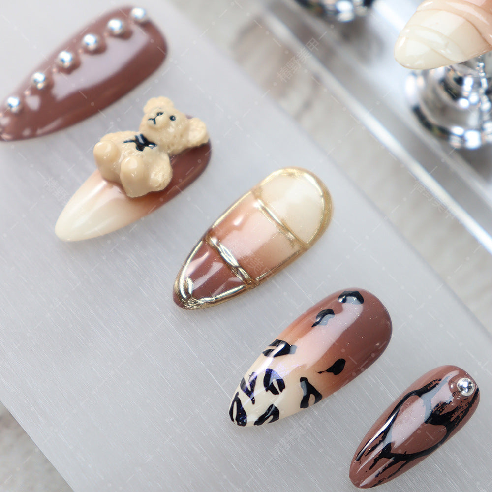 Hot Selling Nail Sticker High-Grade Autumn and Winter Sweet Cool Hot Girl Style Ice Cream Cream Bear Hand Painted Leopard Print Gradient Wear Armor