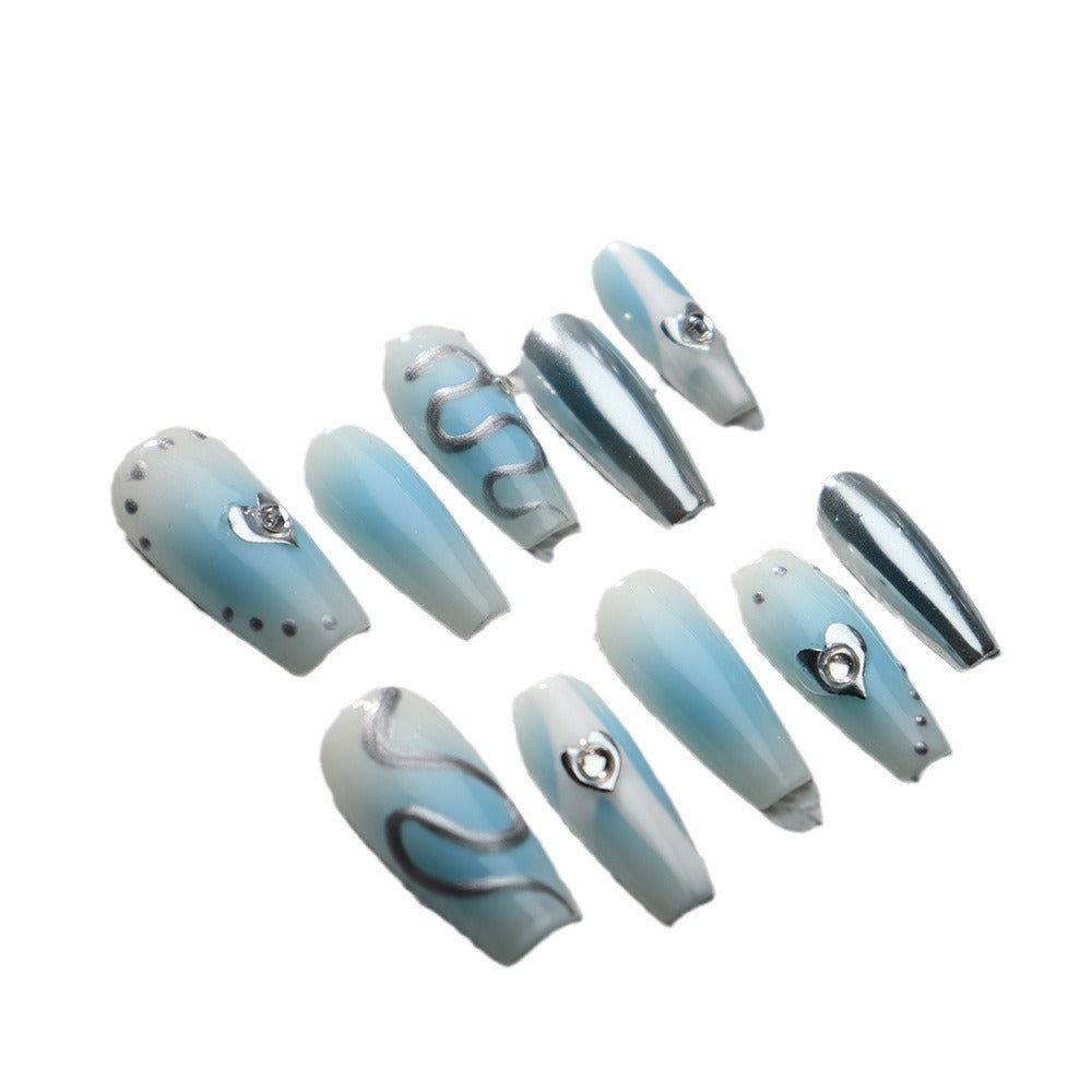 The Mystery of Hailan Refreshing Blue Blush Nail Finished Phototherapy Handmade Wear Nail Blue White Nail Stickers Hot Sale